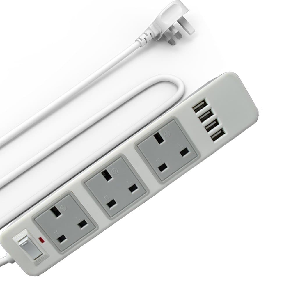JnDee UK 3 Gang 2M (6.6ft) Extension Lead plus 4 USB Ports Power Strip - Surge Protector with Overload Protection Switch (3Way 2M)