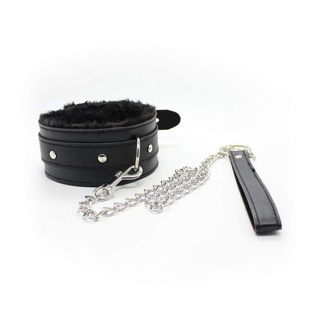 Choker Collar, Rabi Choker Collar Padded Leather Faux Fur Lined Costume and Detachable Leather and Chain Leash (Black)