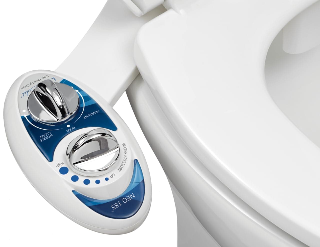 Neo 185 (Elite) Non-Electric Bidet Toilet Attachment w/Self-Cleaning Dual Nozzle and Easy Water Pressure Adjustment for Sanitary and Feminine Wash (Blue and White) 13.5 x 7 x 3 inches