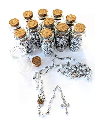 WBR 12pcs Rosary In Glass Jar Bottle Beads White Beaded Rosary Silver CATHOLIC Crucifix Necklace Virgin Mary lot of 12