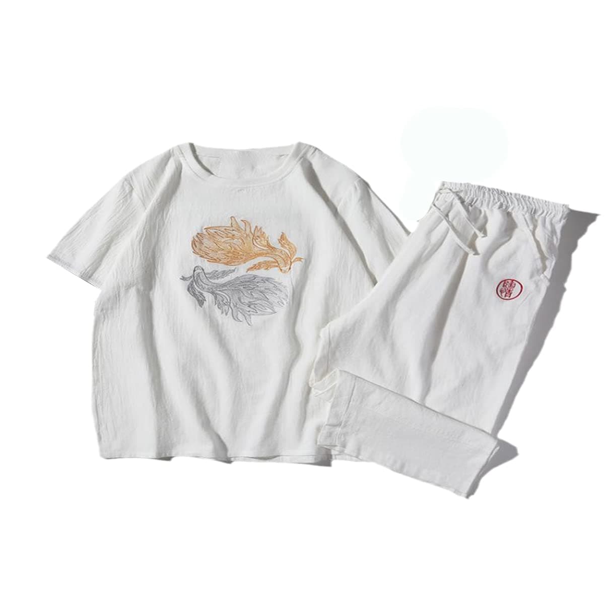 CHENLUMen Shorts Uniform Retro O-Neck Short Sleeve Shirt Pants Set