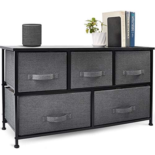 CERBIOR Wide Drawer Dresser Storage Organizer 5-Drawer Closet Shelves, Sturdy Steel Frame Wood Top with Easy Pull Fabric Bins for Clothing, Blankets - Charcoal