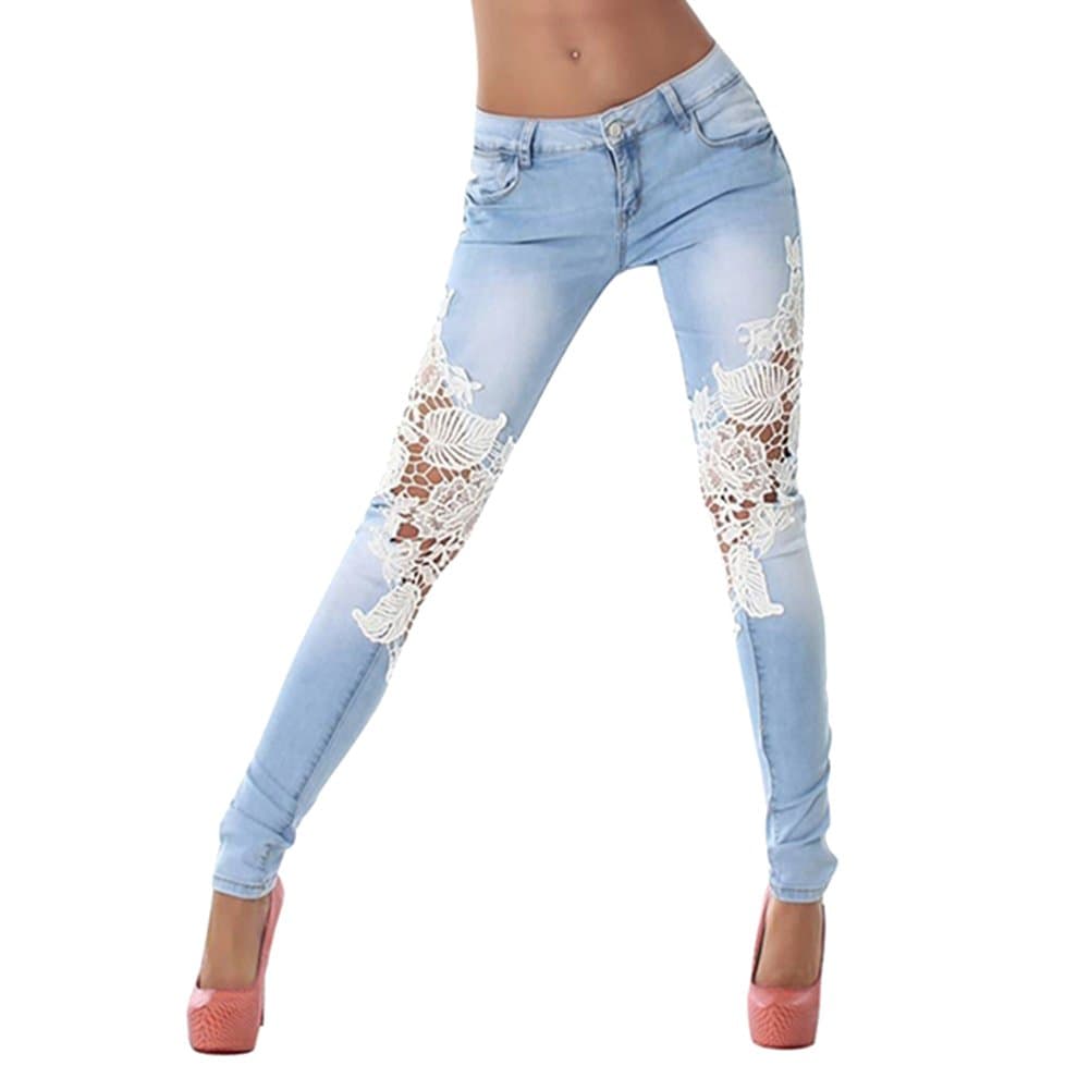 Women's Slim Skinny Lace Crochet Stretch Denim Jeans Pants Trousers (L, Light Blue)