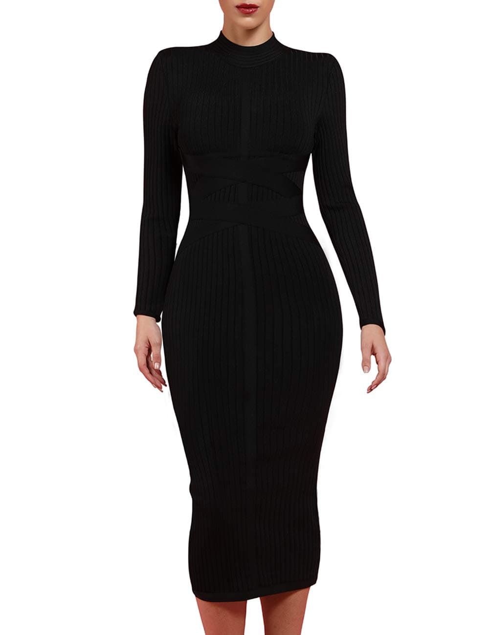 whoinshop Women's Cross Strap Ribbed Bandage Long Sleeve Midi Fall Winter Bodycon Party Dress