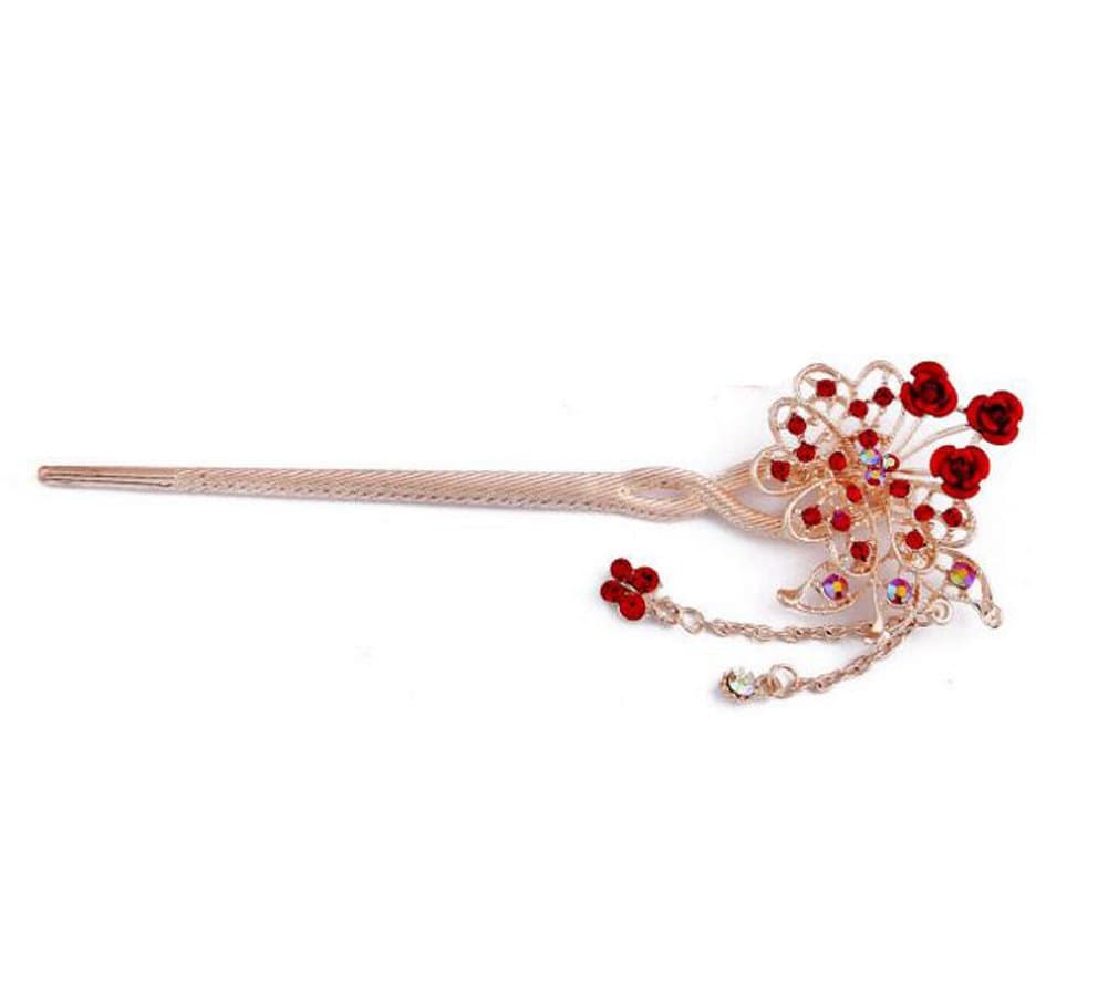 Rose Flower Rhinestone Chinese Style Hair Sticks Hairpin Pendant Fashion Jewelry For Women(Red)