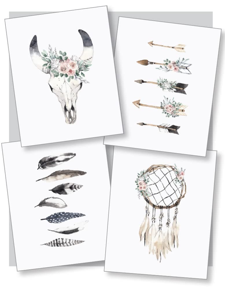 Confetti Fox Boho Nursery Wall Art Decor, Chic Baby Girl Dreamy Woodland Pictures, Vintage Rustric Pink Bohemian Watercolor (8x10 Unframed Set of 4 Prints)