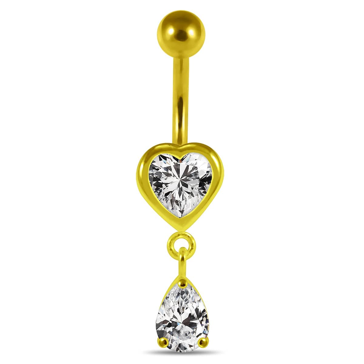 AZARIO LONDON3 Micron 18K Yellow Gold Plated Clear CZ Stone Heart with Teardrop Dangling Sterling Silver Belly Bars Piercing