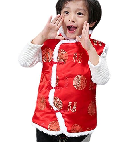 EXCELLANYARD Boys Chinese Tang Suit Vest Winter Cotton-Padded for Kids Red FU 29.5"