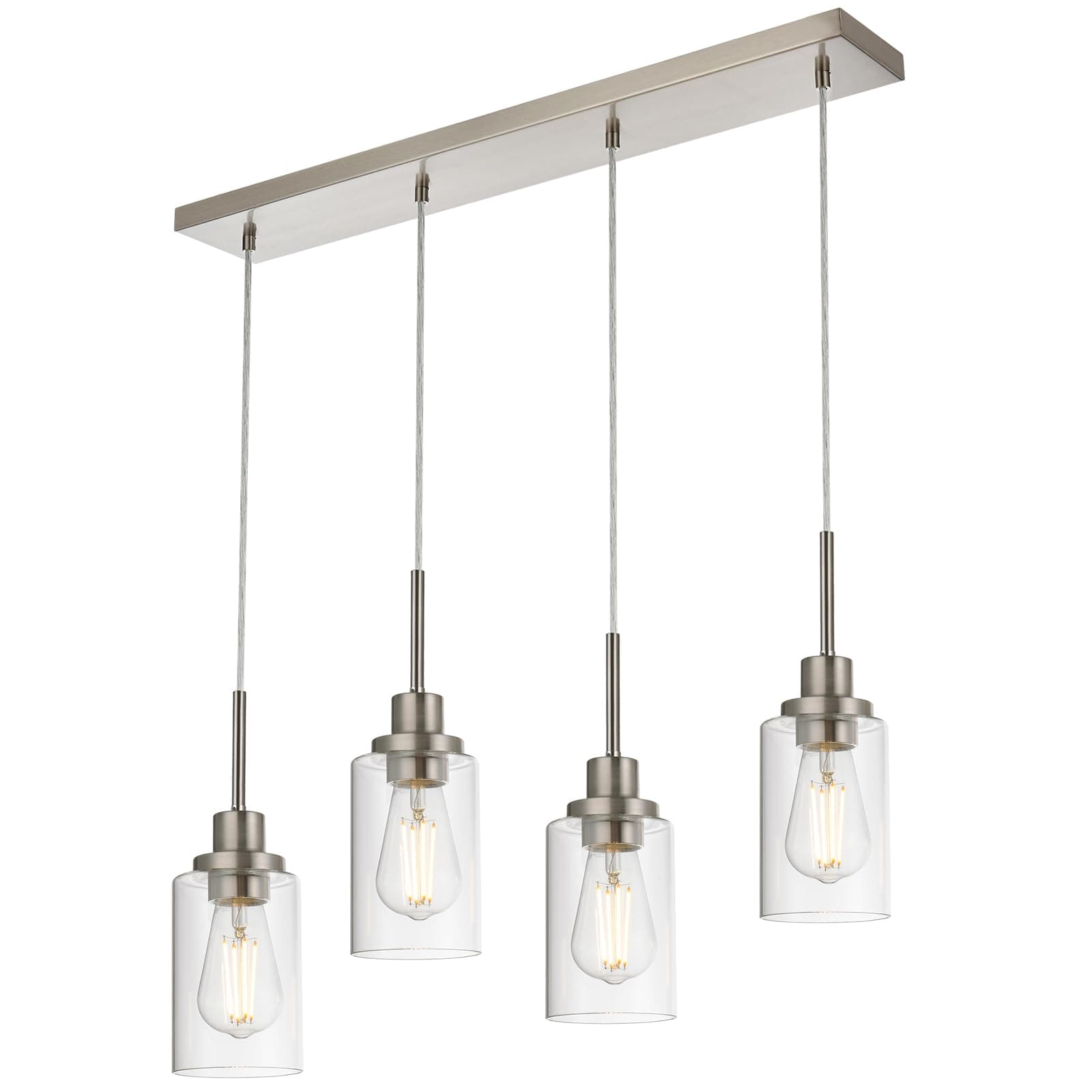 4-Lights Pendant Light Fixtures, Modern Brushed Nickel Kitchen Island Lighting with Clear Glass Shade, Adjustable Hanging Ceiling Lamp