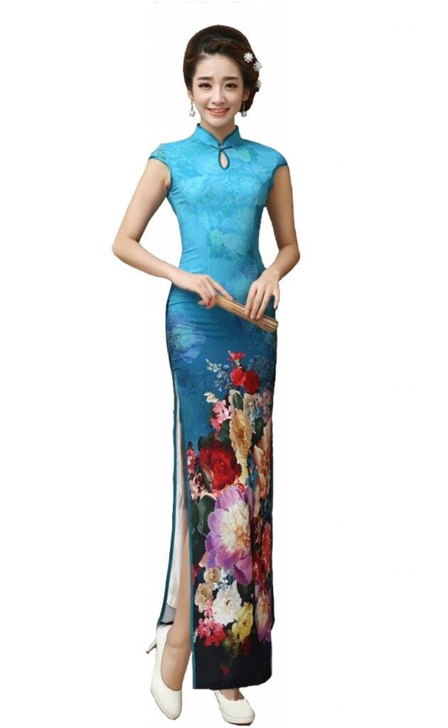 JTC(TM) Women High Slit Long Chinese Dress Cheongsam Blue (2)