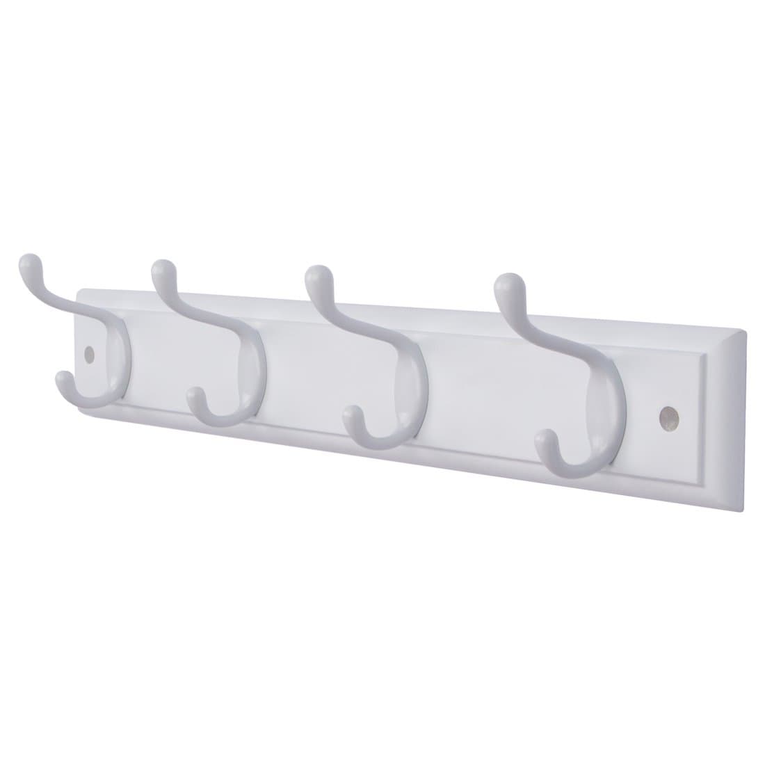 DOKEHOM 4-White Hooks on White Wooden Board Wall Mounted Coat Hook Rack Hanger