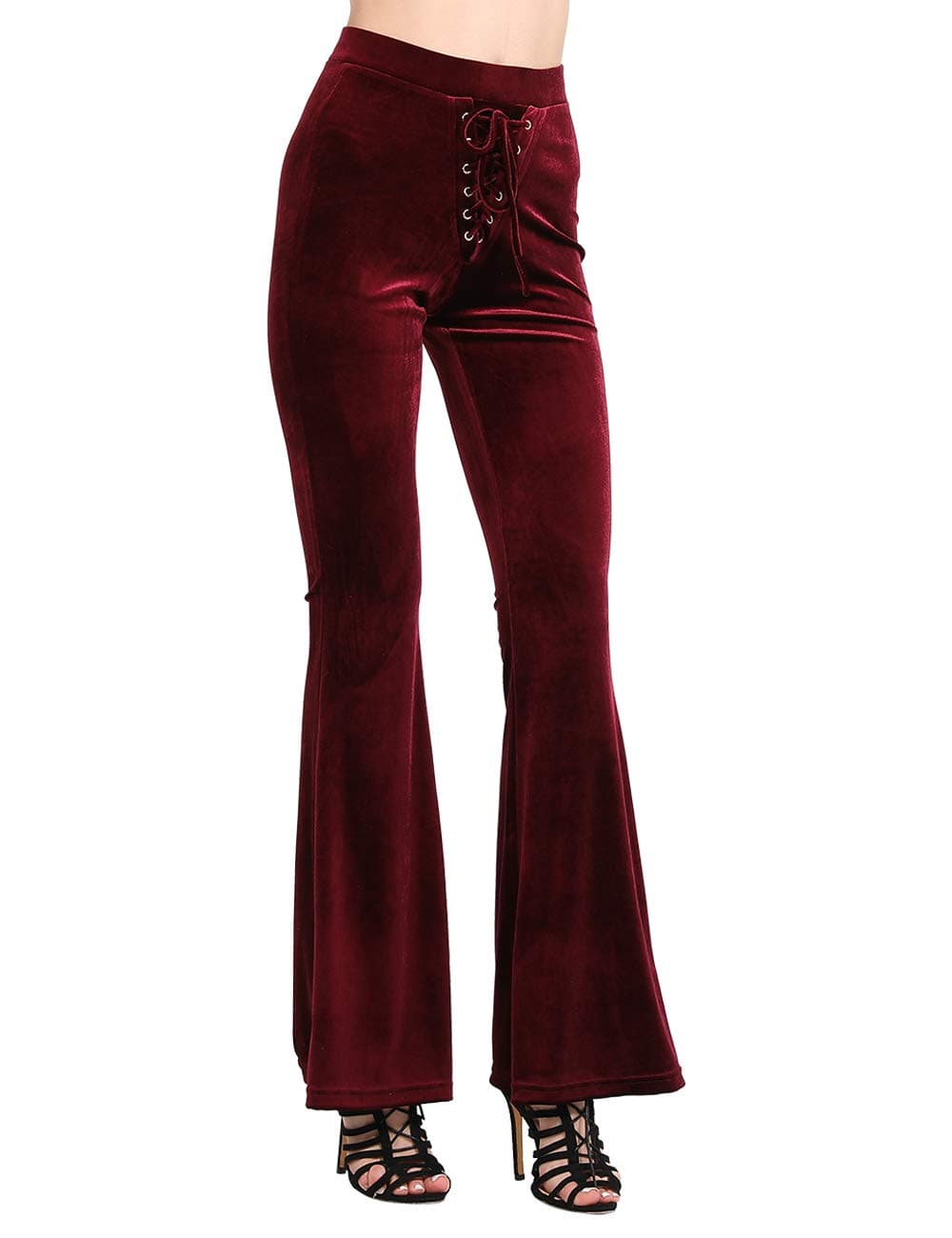 NORMOV Lace Up Velvet Bell Bottoms-High Waisted Flared Pants for Women Solid Color Flares Wine