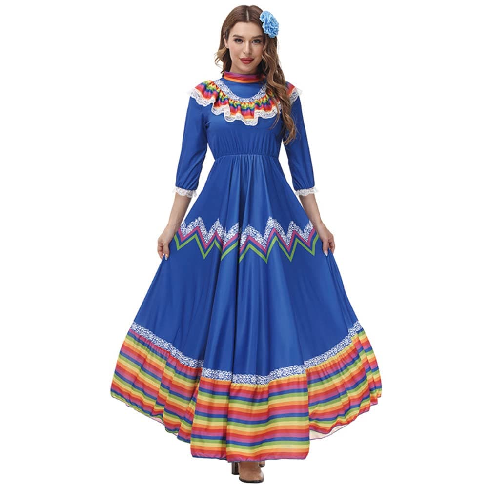 STIOEDYUANWomen Mexico Costume Dress Halloween Traditional Senorita Dance Folk Style Cinco De Mayo Fiesta Flower Headwear