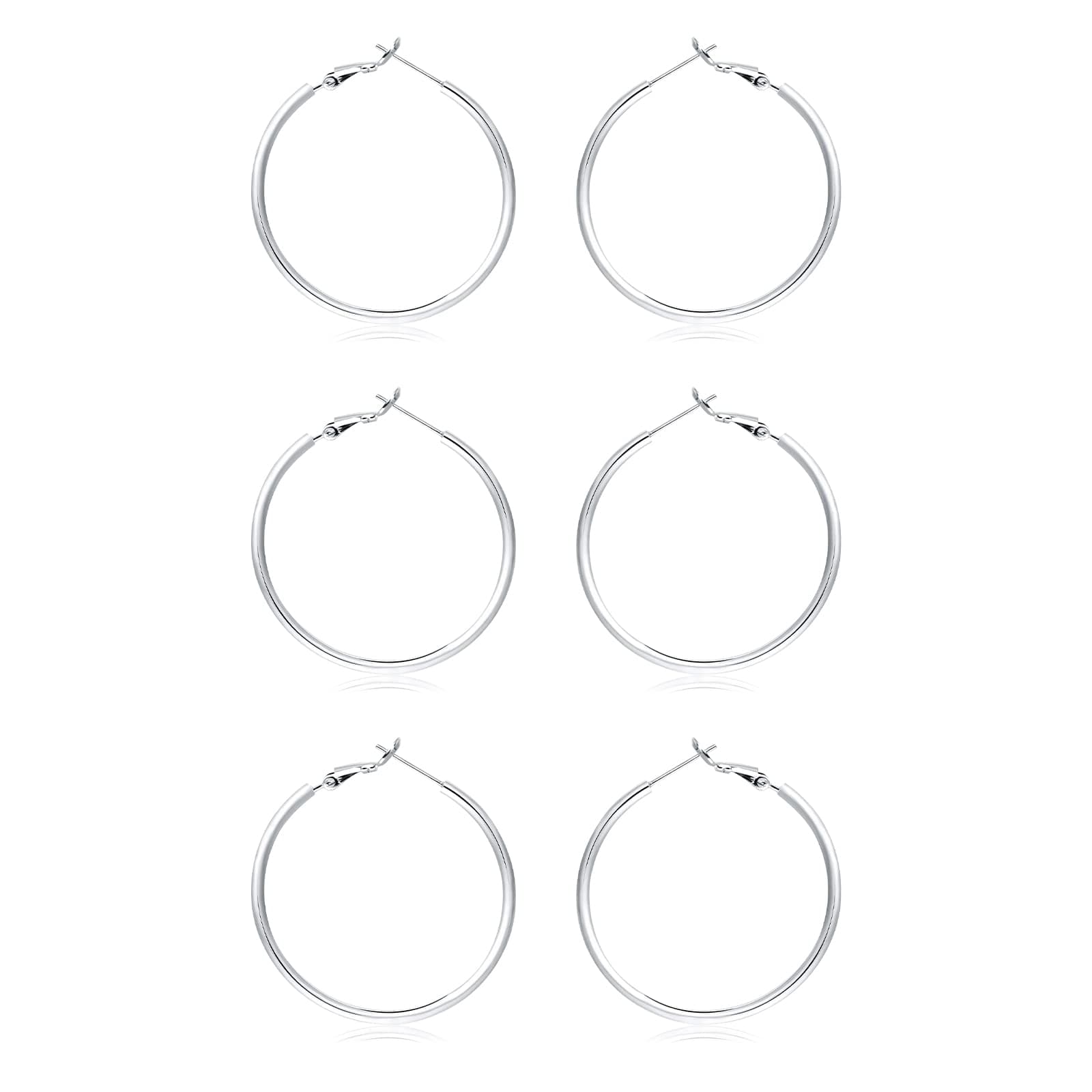 3 Pairs Sterling Silver Hoop Earrings, 14K White Gold Plated Big Hoop Earrings Set for Women 40 50 60MM
