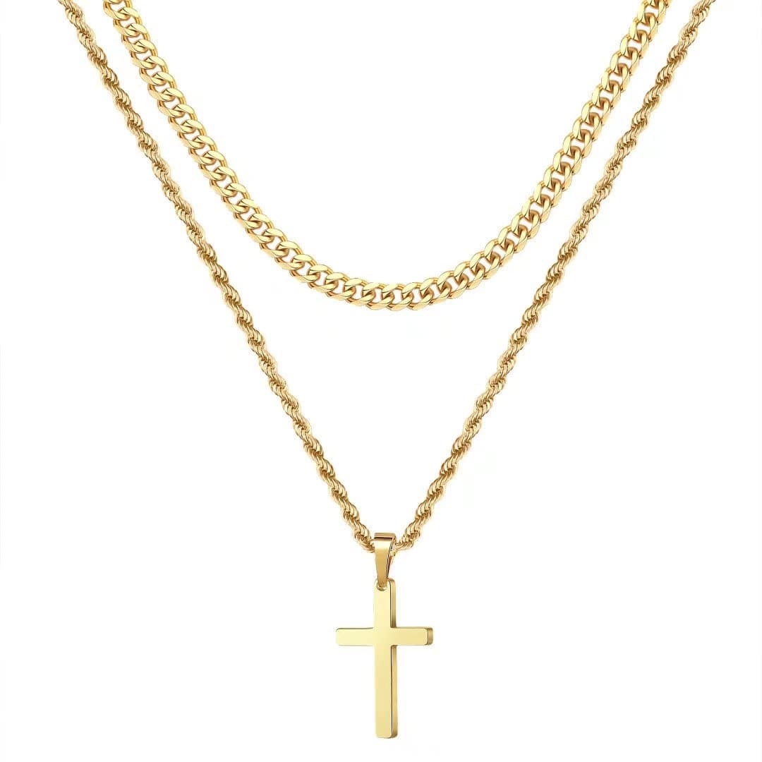 Easter Gifts for Men Boys Kids - 18K Gold Plated Cross Necklaces Chain for Men Boys Gifts, Silver Rope Chain Layered Necklace Jewelry 16 18 20 22 24 Inch