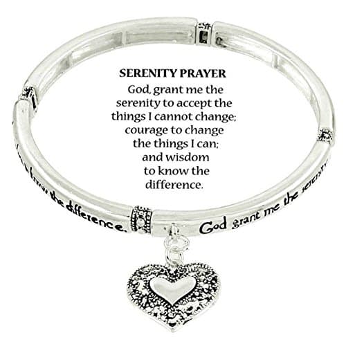 Silver-tone Serenity Prayer Inspirational Theme Stretch Bangle Charm Bracelet W/Gift Box