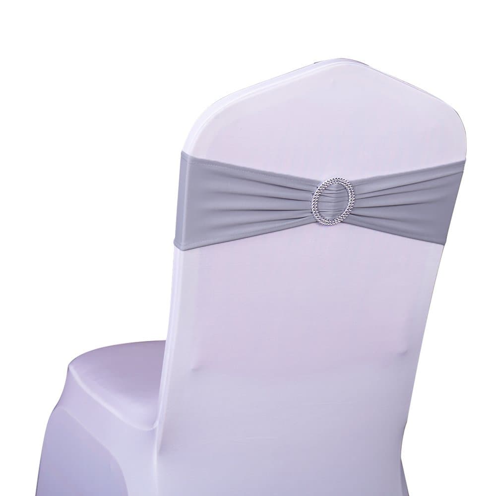 50 Stretch Spandex Silver Grey Chair Sashes for Wedding Chair Bows Bands with Slider Buckles Fitting Party Feast Banquet Restaurant Event Bridal Baby Shower Decoration
