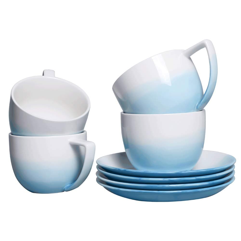 Sunddo Tea Cup Set with 4 Tea Cups and Saucers Sets 8 OZ Blue and White Porcelain Tea Cups for Women Men