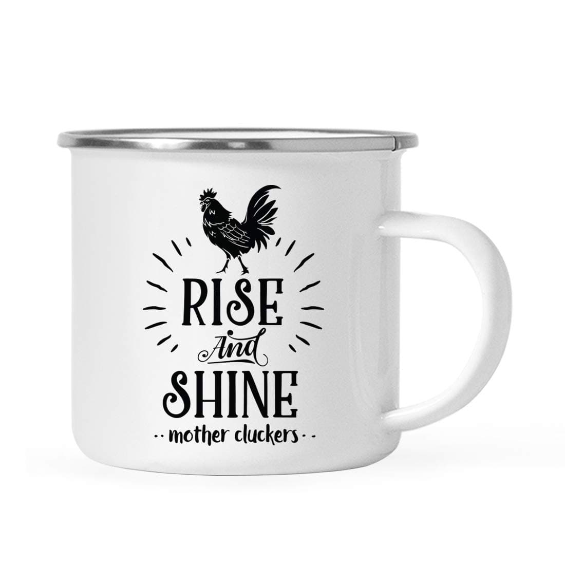 Andaz Press 11oz. Stainless Steel Hot Chocolate Campfire Coffee Mug, Rise And Shine Mother Cluckers, 1-Pack, Farm Chicken Barn Metal Enamel Camping Cup Chicken Coffee Mug Chicken Mug Farm Coffee Mugs