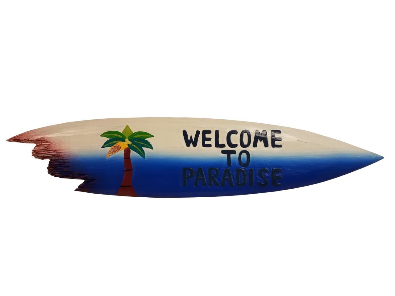 39" Handcarved and Painted Wood "Welcome to Paradise" with Palm Trees Sharkbite Surfboard