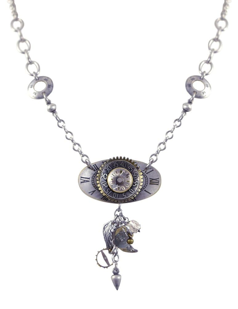 Vintage Clockworks Charm Pendant on Sterling Silver Link Necklace