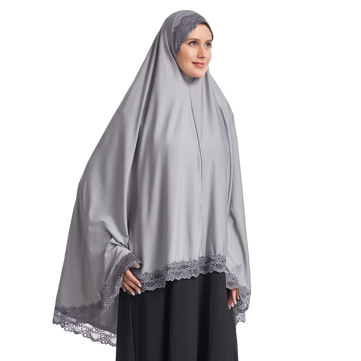 OLEMEK Women's Elegant Hijab Lace Trim Middle Eastern Islamic Jilbab Prayer Veils Headcover Headscarf Grey M