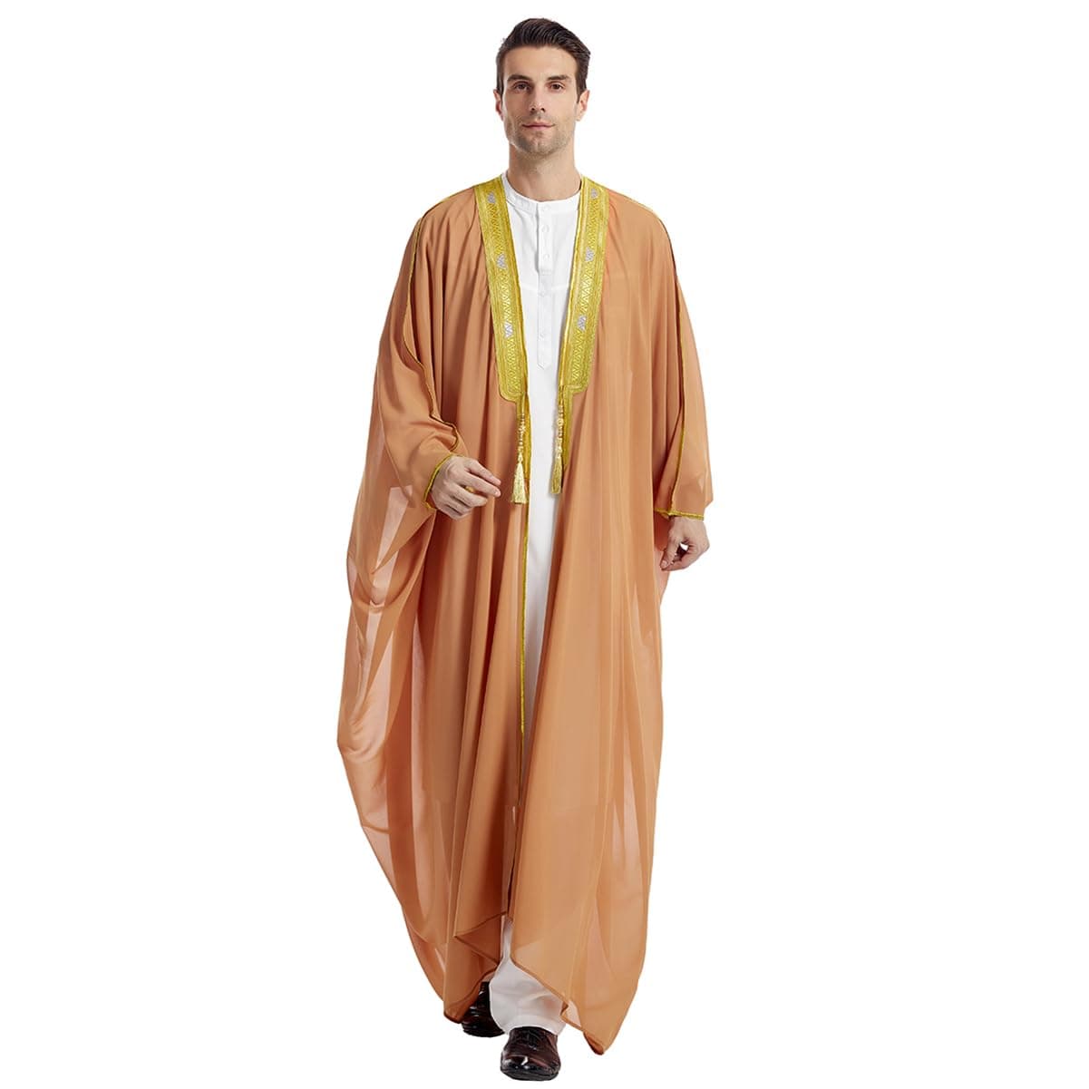 FYMNSI Men's Robe Muslim Clothes Kimono Loose Abaya Dresses Long Sleeve Embroidered Chiffon Kaftan Casual Formal Dubai Thobe