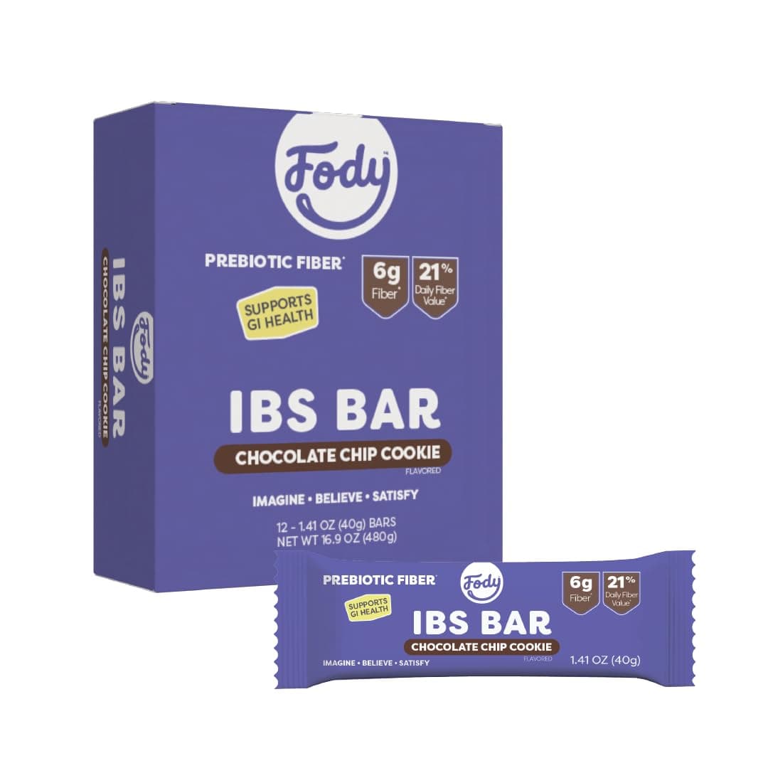 Fody Foods IBS Snack Bars, Chocolate Chip Cookie, 1.41 Oz (Pack of 12), 6g Prebiotic Fiber, Low FODMAP, Gut & IBS Friendly, Lactose Free, Non-GMO, Gluten Free