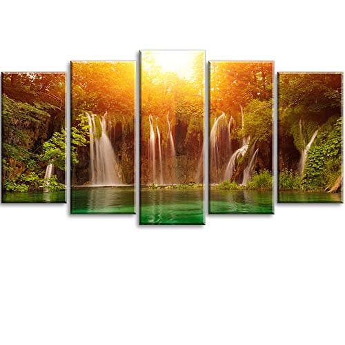 Canvas Wall Art for Living Room, PIY 5 Piece Orange Waterfall Picture, Modern Prints Artwork Decor (Waterproof, Bracket Mounted Ready to Hang)