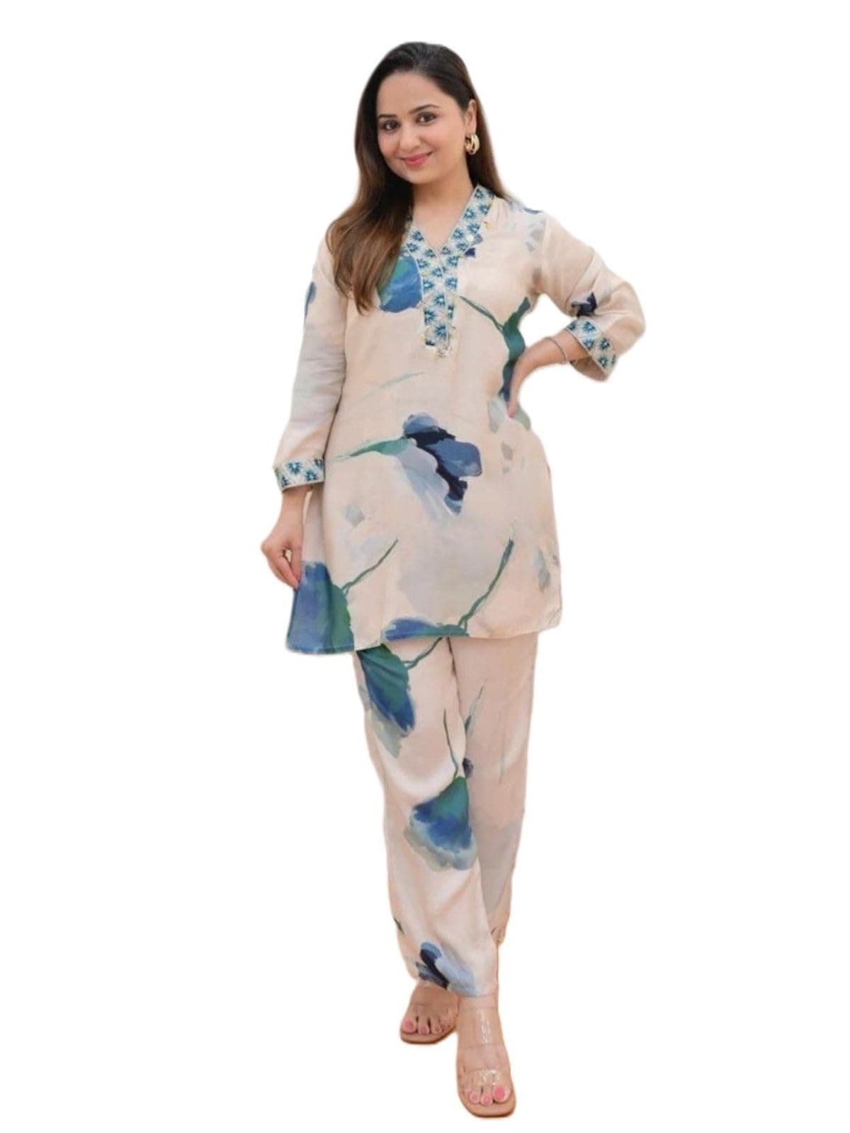 Leriya Fashion Women's Ethnic Fusion Floral Cotton Blend Kurta Set with Pant - Co-ord Set