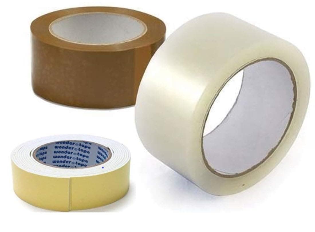 ECLET Adhesive Carton Packing High Strength Tape (Brown+White 1 pcs Each, 2inch/48mm x 65m)+Double Side Tape 1 pcs