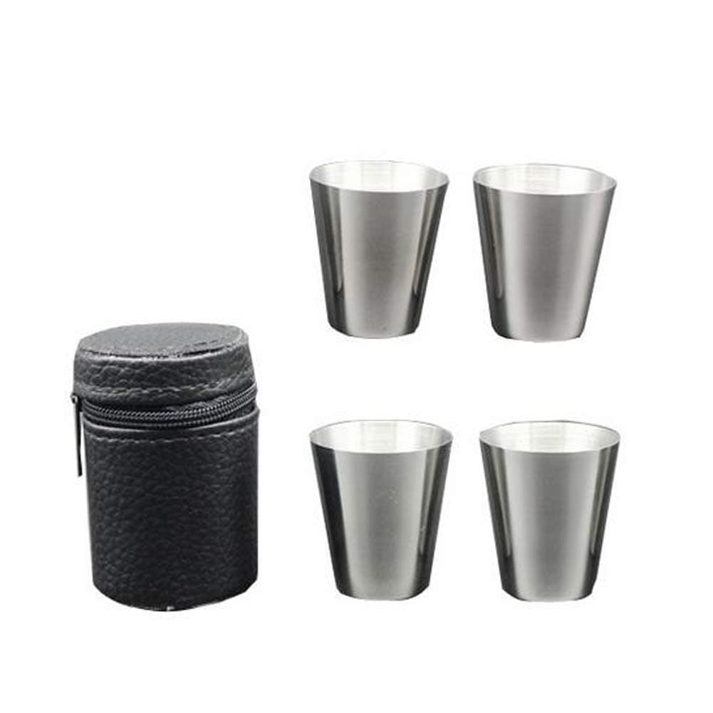 4 Pieces 30ml (1oz) Stainless Steel Shot Cups Shot Glass Drinking Vessel with One Black PU-Leather Carrying Case Outdoor Camping Travel Coffee Tea Cup, Silver Cup, Black Case