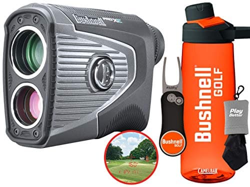 Bushnell Pro XE Golf Laser Rangefinder Gift Box Bundle | with Protective Skin (Blue), Microfiber Towel and Extra CR2 Battery | Golf GPS Rangefinder | BITE Mount, Yardage, Slope with Elements | 201950