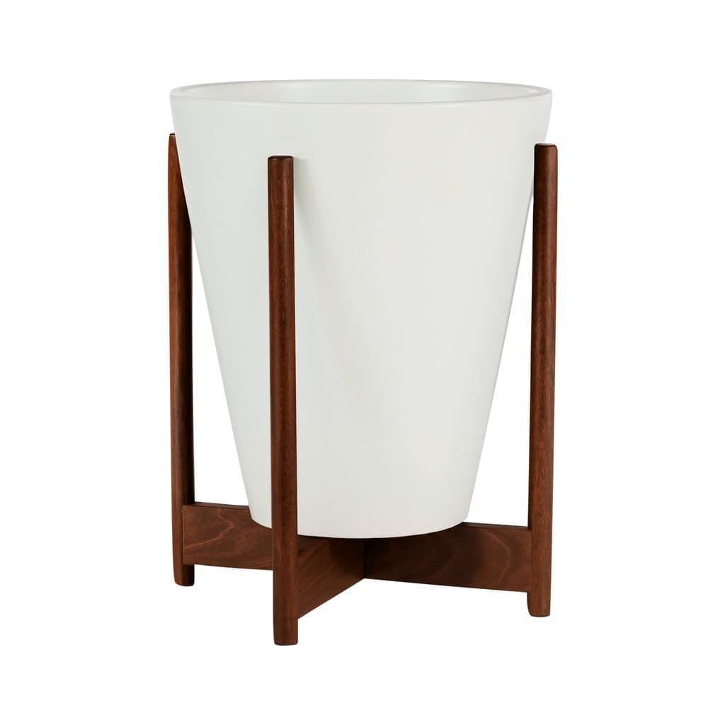 Ceramic Small Funnel Planter | White/Wood Stand