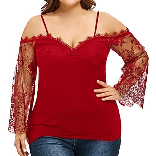 Nevera Plus Size Women Off Shoulder T-Shirt Sexy Lace Tie Long Sleeve Casual Blouse (XXL, Red)