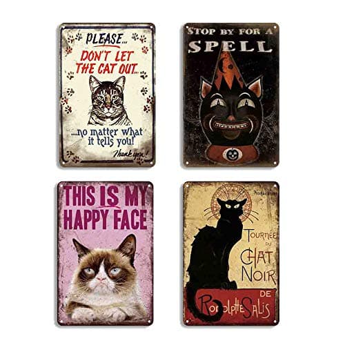 FlowerBeads Metal Vintage Tin Signs Retro Metal Poster Metal Garage Signs of Bar Cafe Pub Shop Restaurant, Cat 12X8 Inch(4PCS-Cat Signs)
