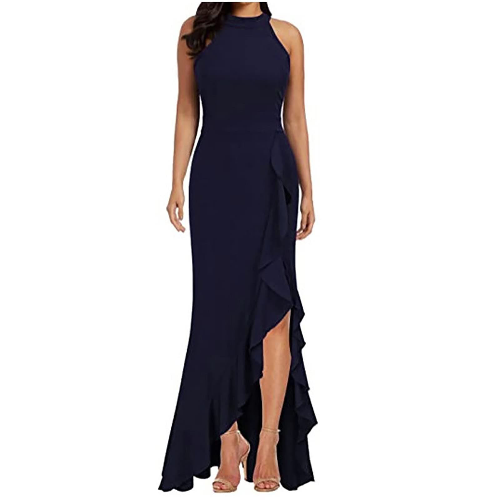 AMhomely Formal Dresses for Women UK Party Occasion Gowns Women Autumn Causal Solid Color Round Neck Sleeveless Dress Evening Dress Ladies Elegant Wedding Cocktail Dresses