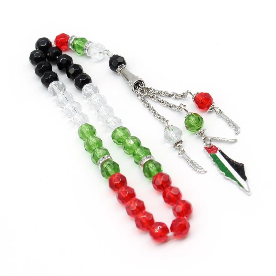 Asbih 33 10mm - Islamic prayer beads, Tasbeeh, Sibha, Muslim Mala Masbaha, Misbaha, Tesbih, Tespih, Dhikr Beads, Prayer Beads Trouble Beads Palestine Flag Colour Crystal Glass