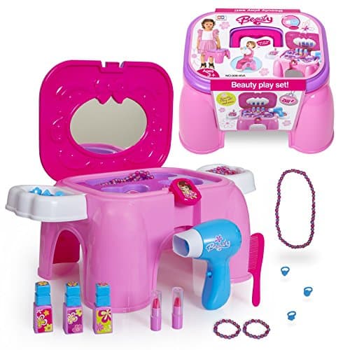 Next Milestones Girls Vanity Makeup and Stool Seat with Jewelry Toy Set, Hair Dryer Toy with Sound, Hair Brush, Necklace, Lipstick, Nail Polish, Mirror and More