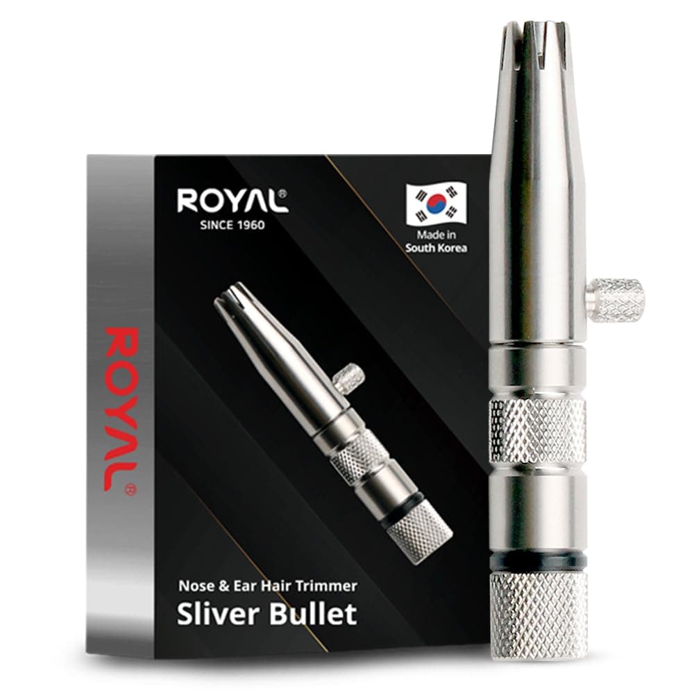 ROYAL [Made in Korea] Premium Manual Nose Hair Trimmer for Men Silver Bullet, Battery-Free, Stainless Steel Rotary Blade Grooming Tool, Waterproof, Safe & Painless with Patented Mechanism, ET-3