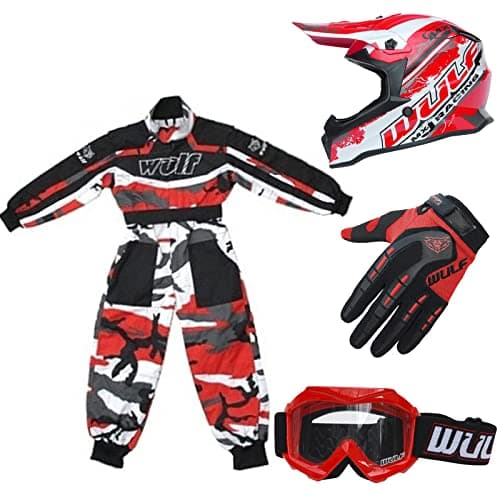 Wulfsport Kids Off Road Pro Motocross Helmet Red XL (53-54cm) & Wulf Attack Gloves XS (7cm) + Cub Goggles + Kids CAMO Suit S (5-6Yrs)