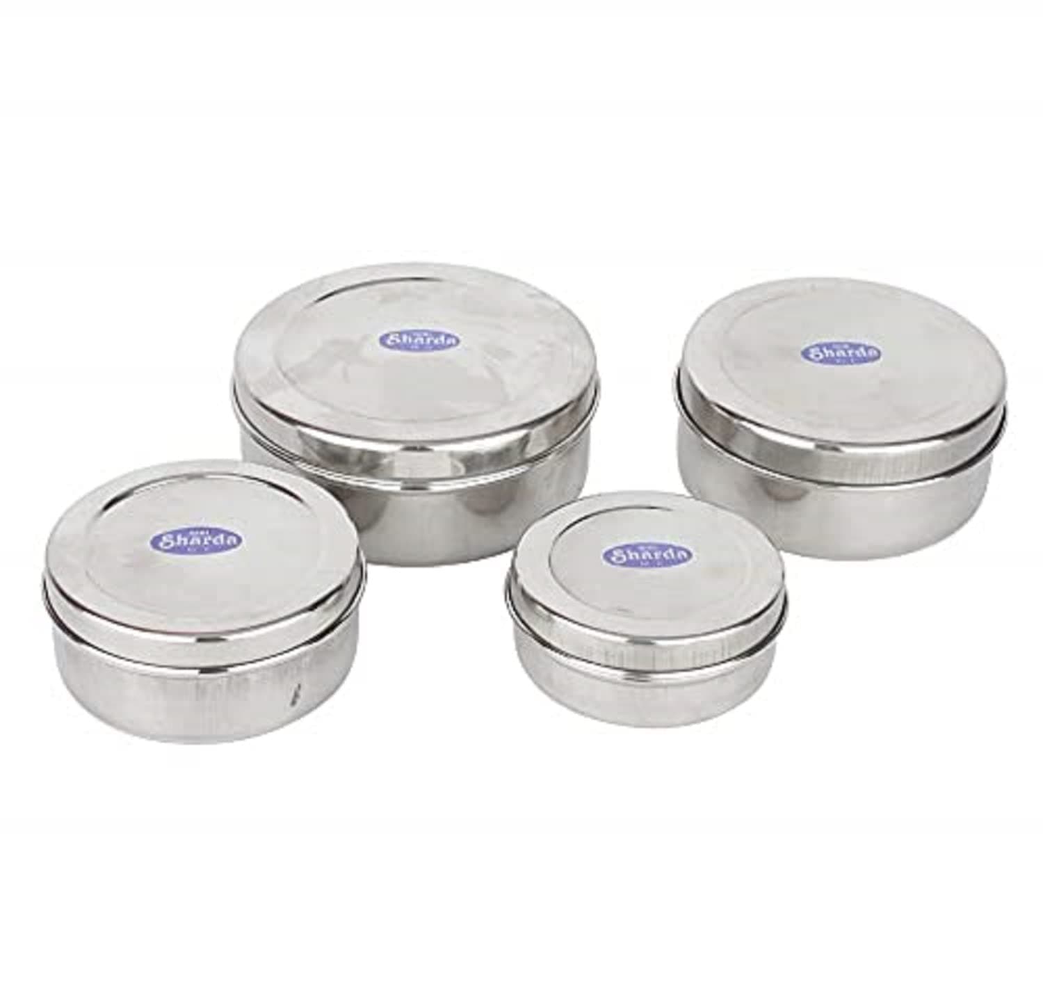 Sharda Metals Set of 4 Stainless Steel Food Storage Containers Box Puri Dabbas Canisters Kitchen Utensils