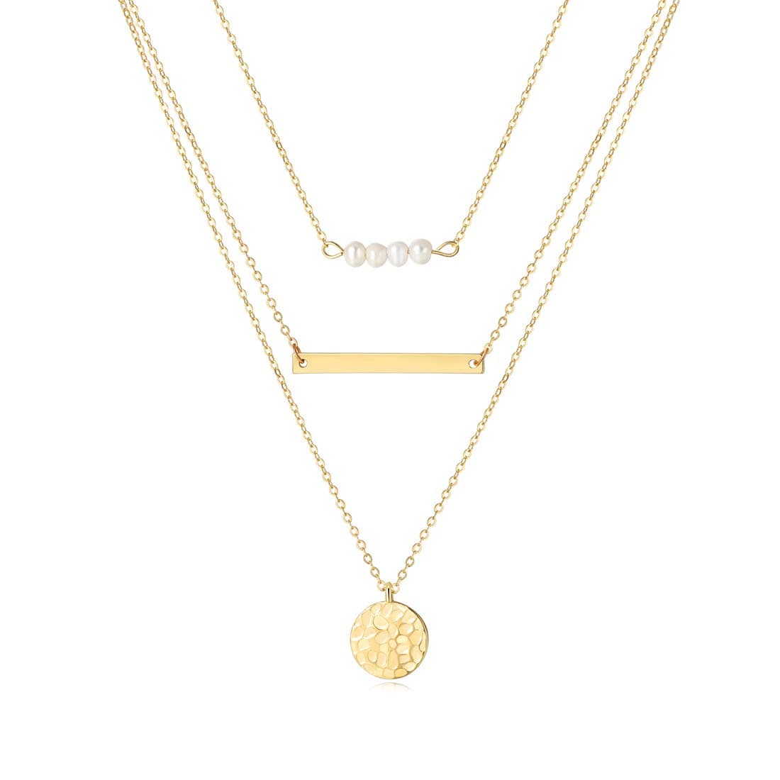 SEAYII Women Pearl Choker Necklace Gold 3 Layered 4 Pearl Bar Full Moon Coin Disc Double Side Hammered Pendant 14K Gold Fill Dainty Chain Boho Simple Delicate Handmade Gold Jewelry Gift