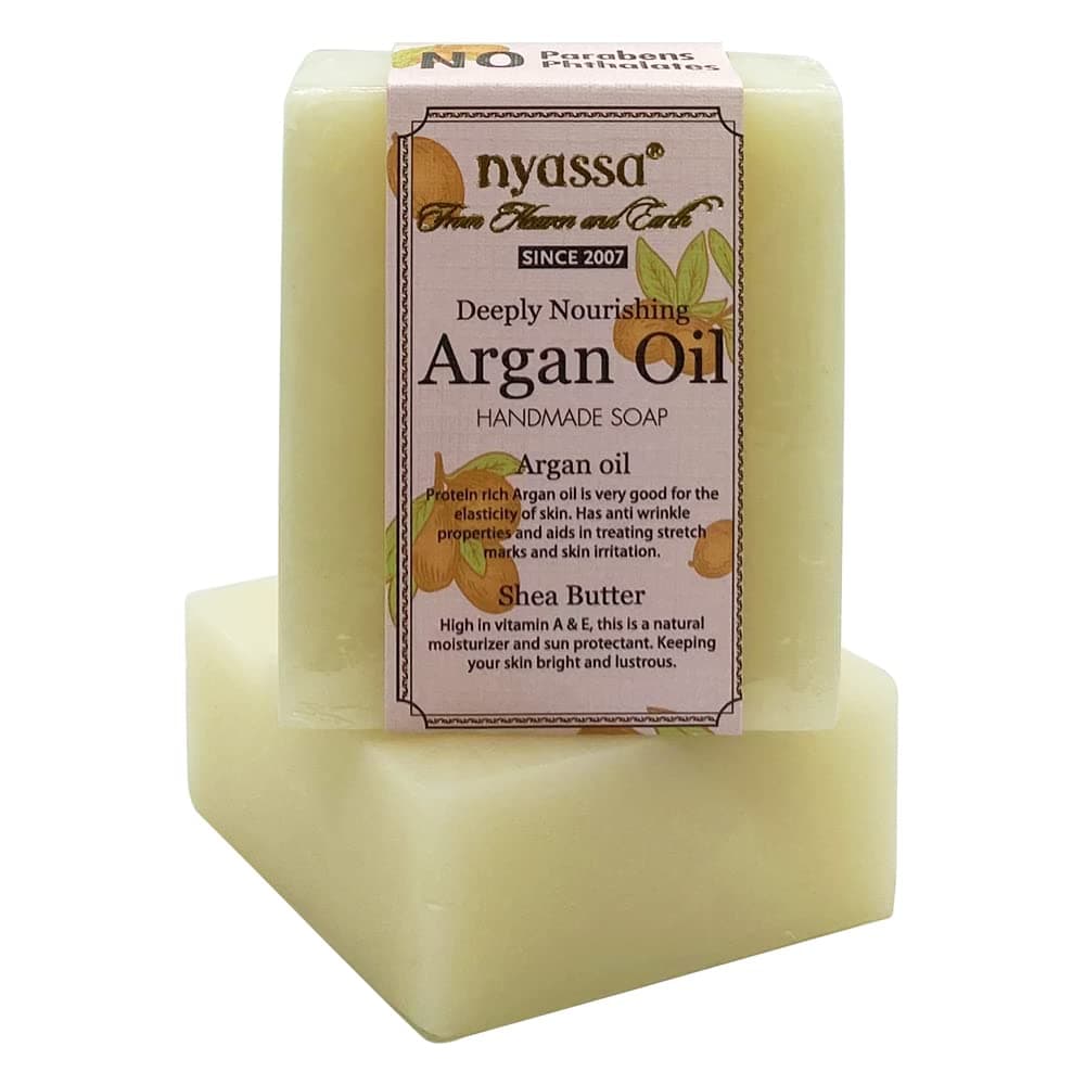 Nyassa Argan Oil Handmade Soap 75 gm with natural ingredients like pure Moroccan Argan oil known as the miracle oil, Shea butter and pine essential oil. Deeply nourishing. No Paraben, Cruelty Free