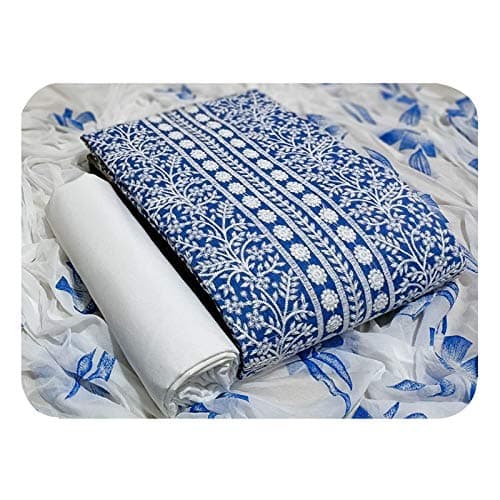 Women's Denim Cotton Embroidered Unstitched Dress Material with Printed Dupatta (Blue, Free Size)