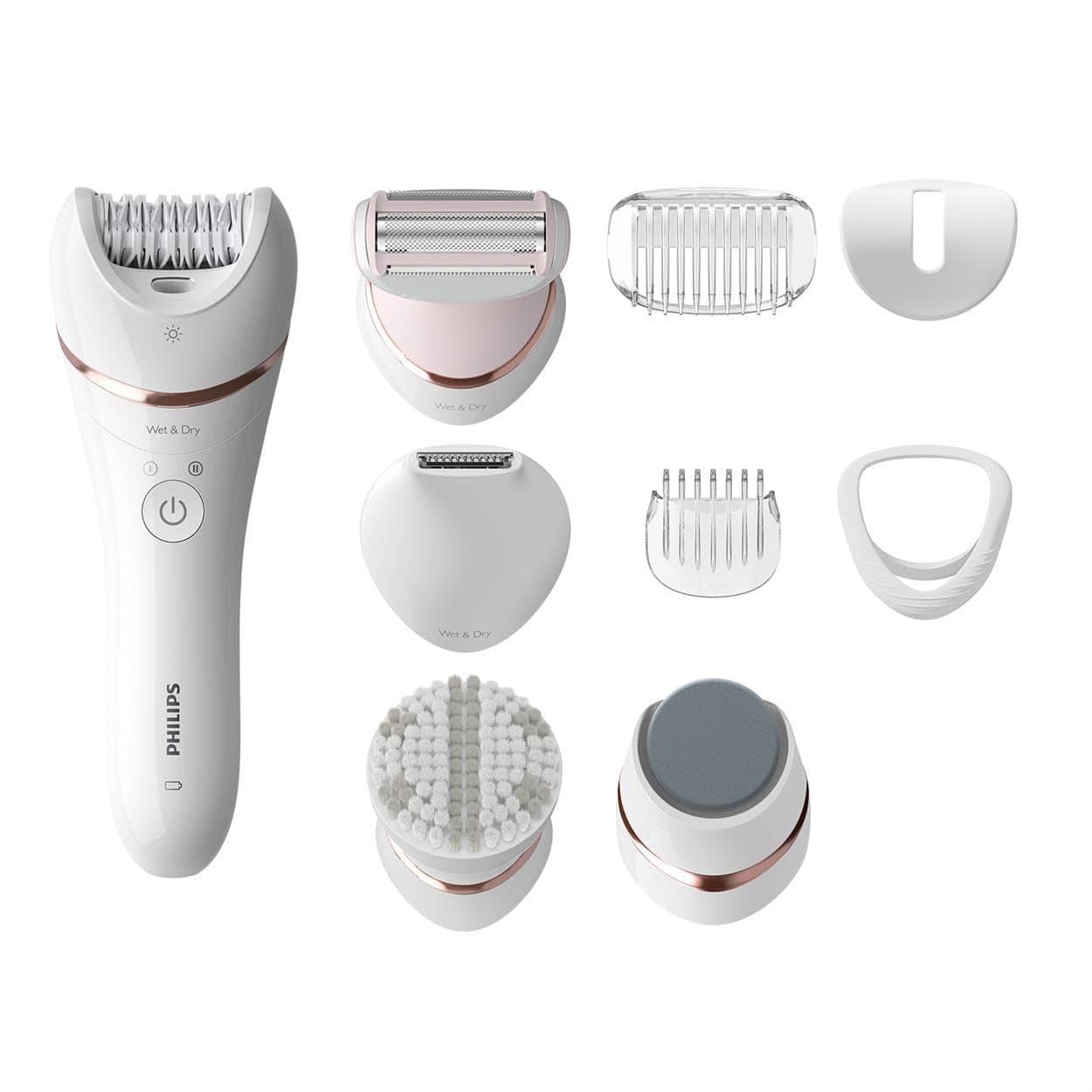 Epilator Series 8000, Cordless Wet and Dry Epilator for Legs and Body, with 9 Accessories, Shaver, Trimmer, Pedicure and Body Exfoliator, Model BRE740/11