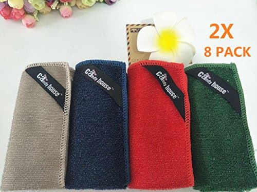 Stonepack Microfiber Scrubber Dish Cloths Wash, Dry, Scrub, Polish Microfiber Dish Towel Dish Rag 8 Pack, 12 x 12", Red/Grey/Green/Blue