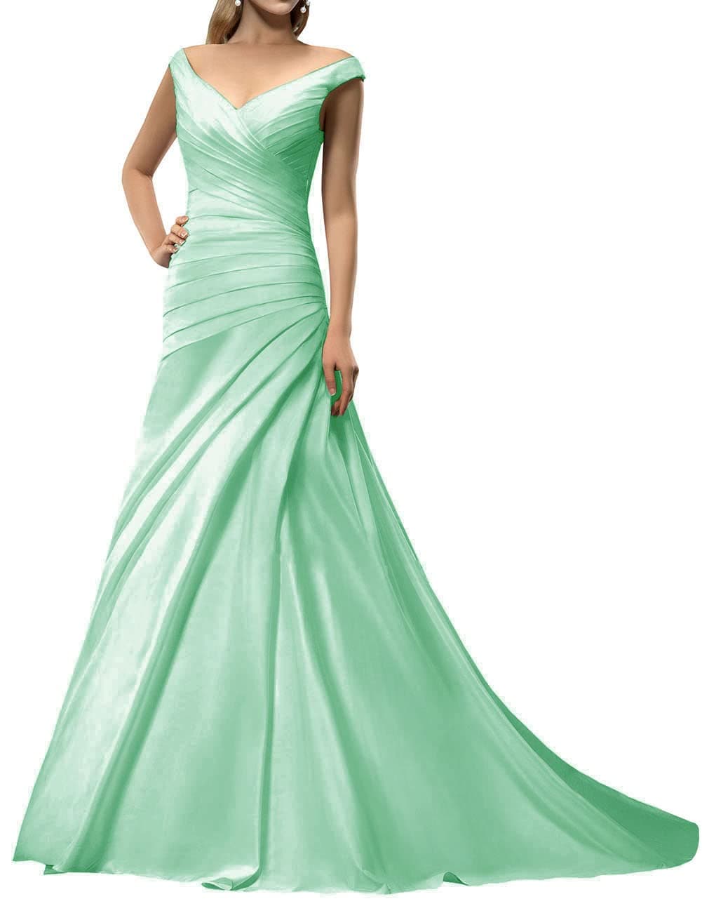 Uther Off Shoulder Formal Evening Prom Dresses Floor Length Wedding Dress V-Neck