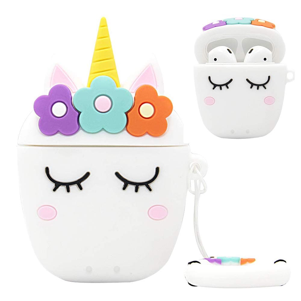 Airpods 1&2 Charging Case Cover | Cute Cartoon Airpods Case | Silicone AirPod Cover with Keychain | Cute Earbud Case Airpods for Kids Teens Girls Boys (White Unicorn)