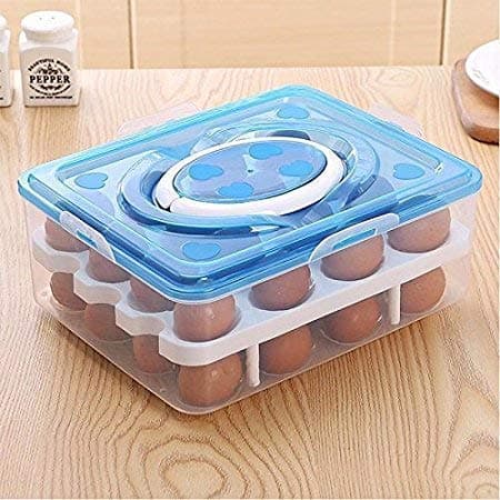 Double Layer 32 Grid Egg Storage Box for Vegetable Egg Storage Container Wit Lid and Refrigerator Kitchen Food Outdoor (Blue Color)